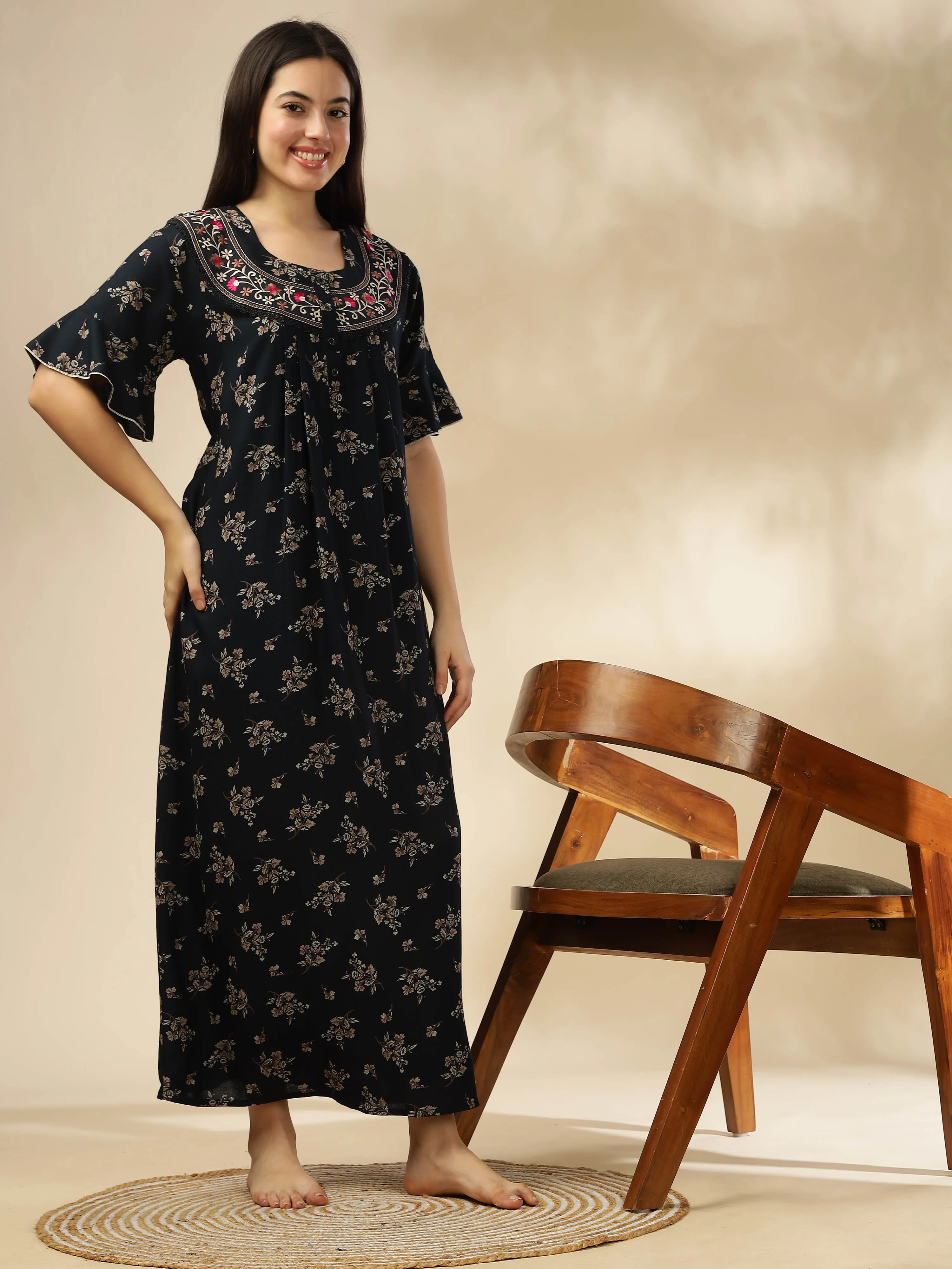 Midnight Blue Alpine Nighty Floral Print with Stylish Flutter Sleeves