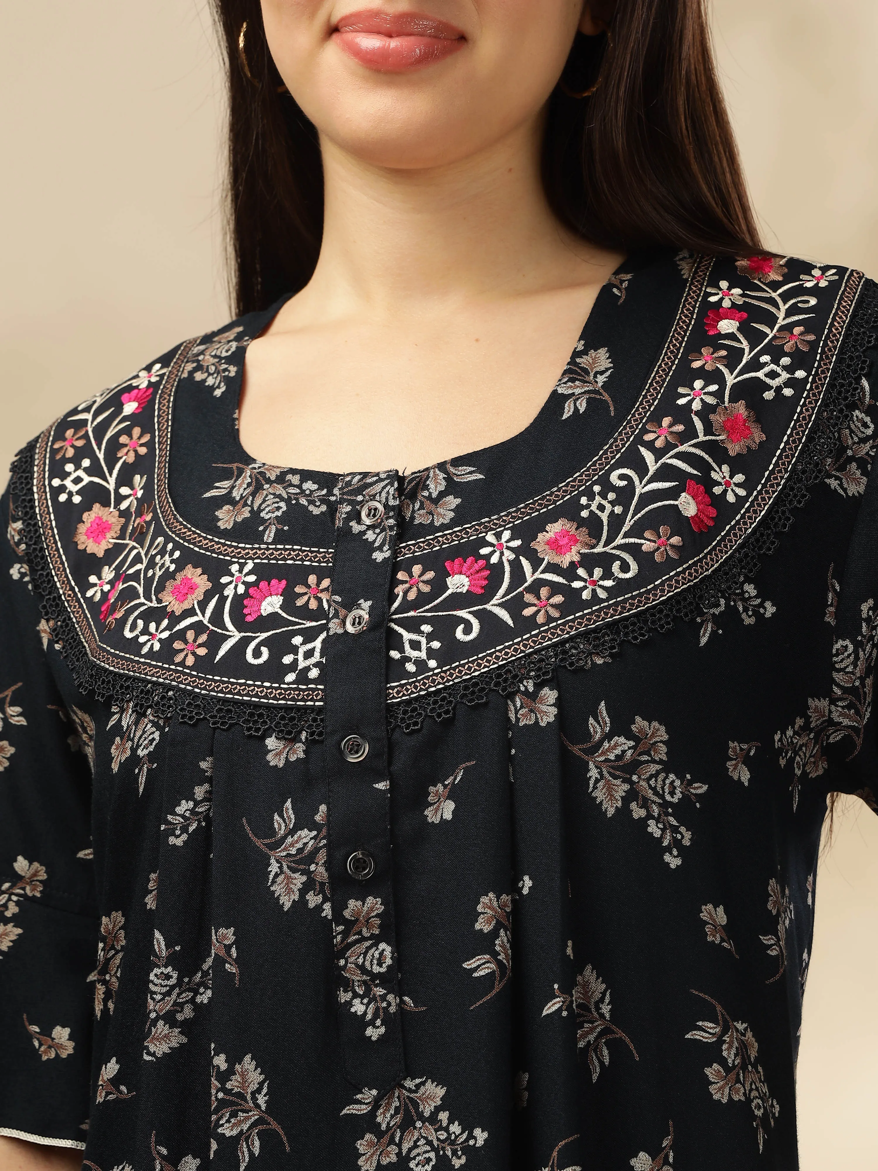 Midnight Blue Alpine Nighty Floral Print with Stylish Flutter Sleeves