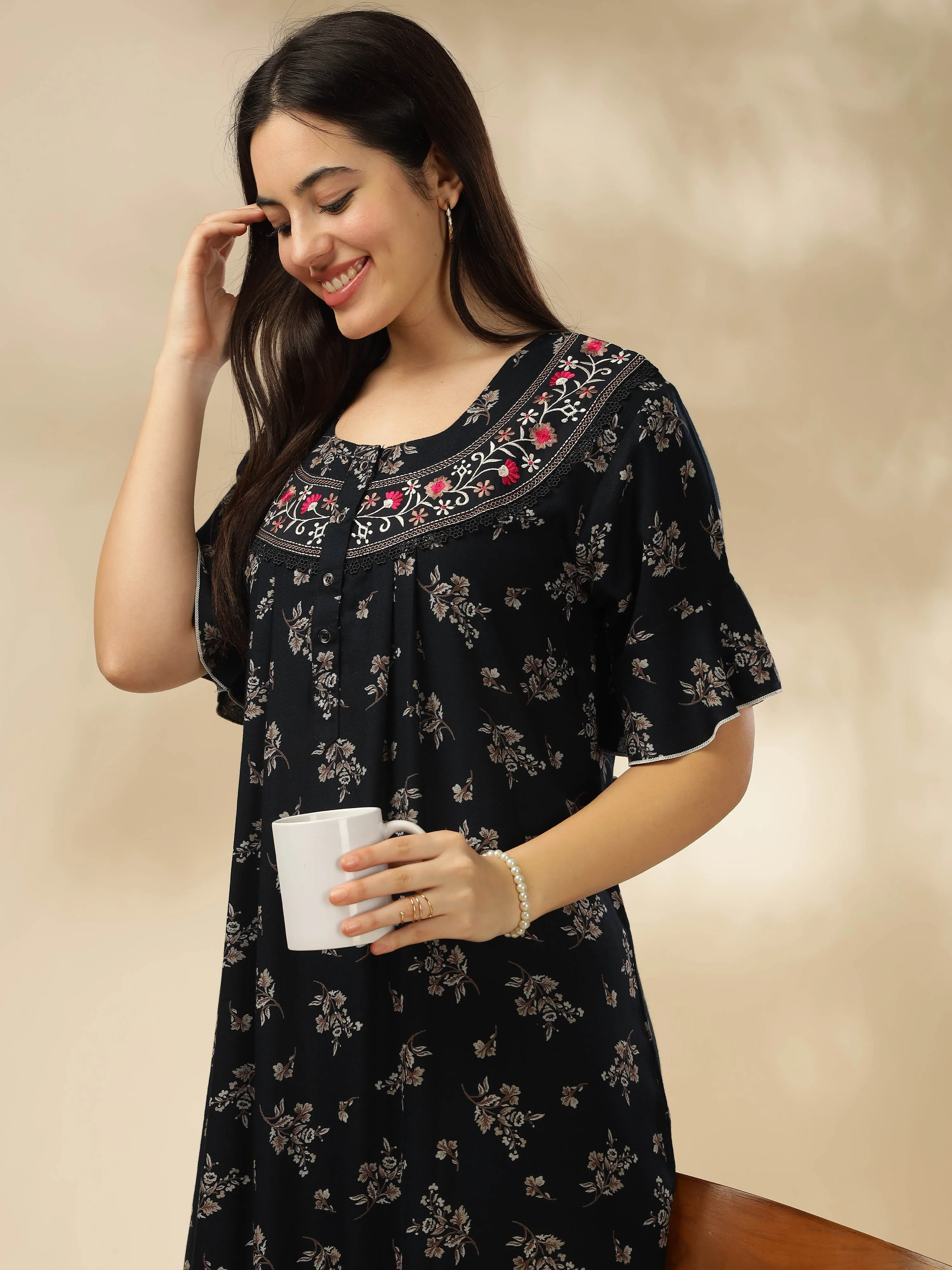 Midnight Blue Alpine Nighty Floral Print with Stylish Flutter Sleeves