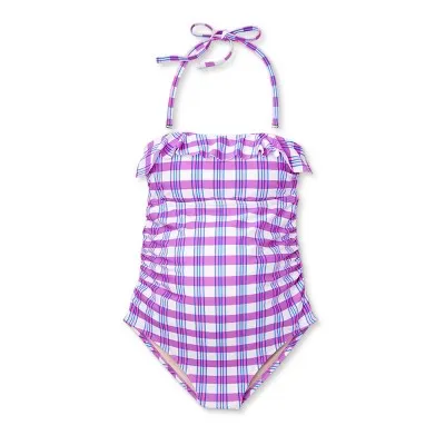 New - Isabel Maternity Bandeau One Piece Swimsuit Halter Swimwear, Purple Gingham L