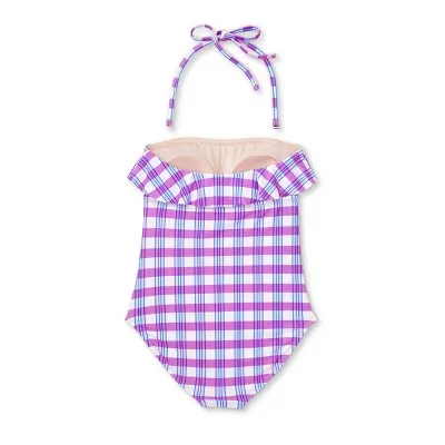 New - Isabel Maternity Bandeau One Piece Swimsuit Halter Swimwear, Purple Gingham L