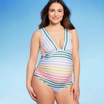 New - Isabel Maternity Deep V Neck One Piece Maternity Swimsuit, Striped L