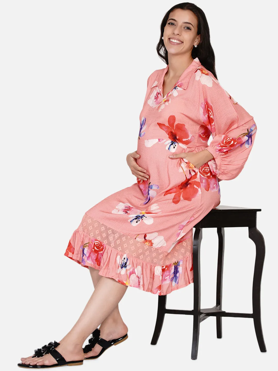 Peach Brushed Floral Maternity Dress (Final Sale)