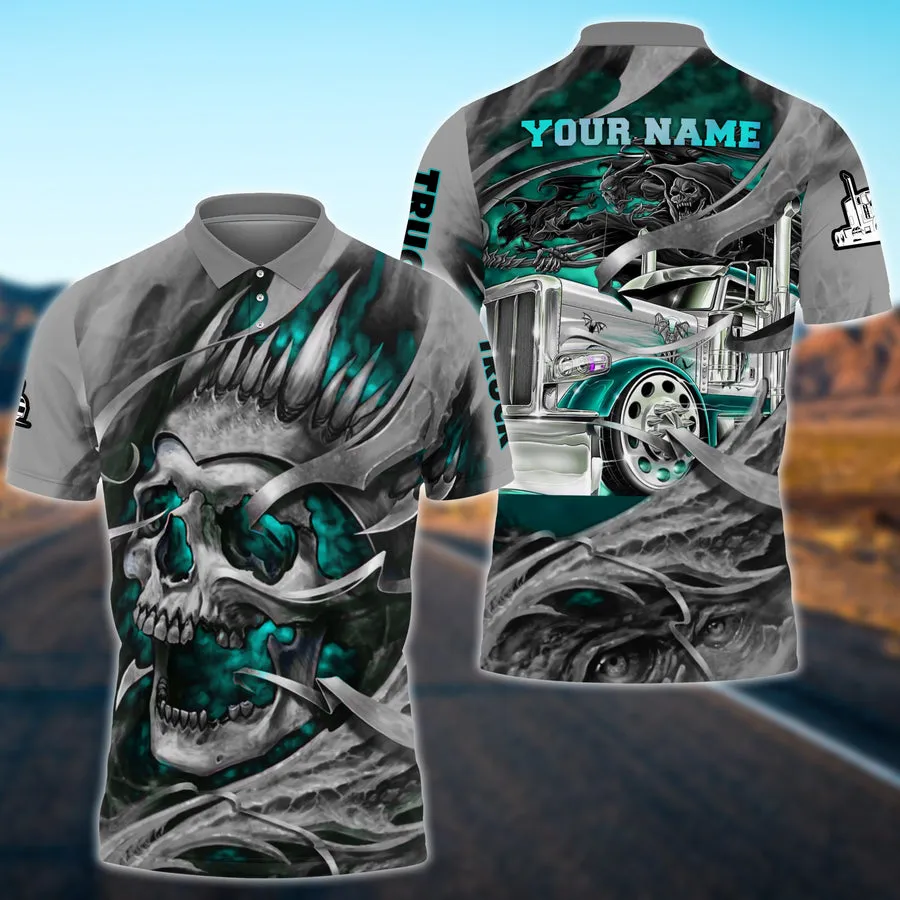 Personalized Name Multicolor Teal Skull Truck All Over Printed Unisex Shirt, Uniform Polo Shirt Truck Driver