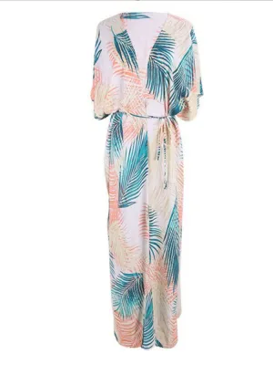 Picnic Partywear Leaf Print Beige Color Cotton Long Length Gown Kimono Duster Robe