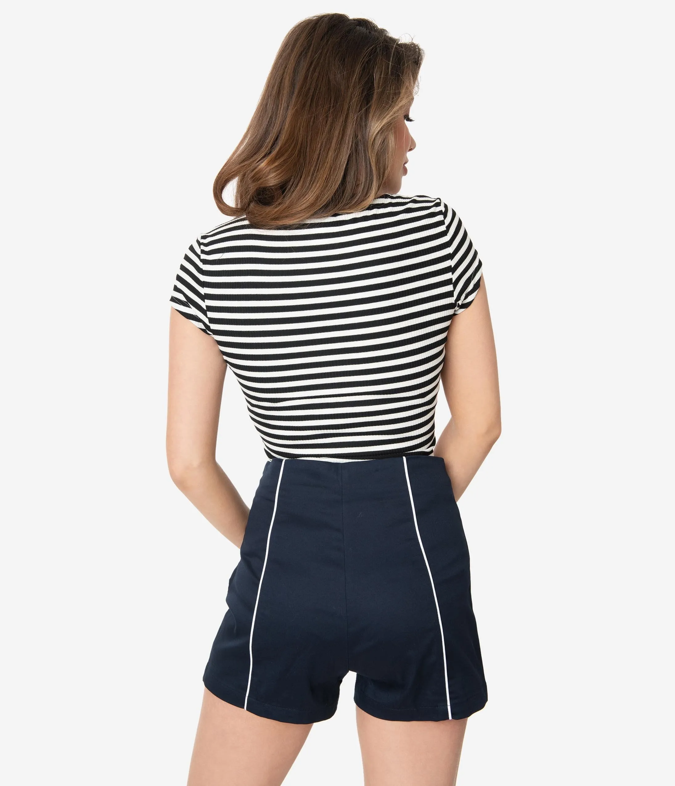 Retro Style Navy Blue High Waist Shorts