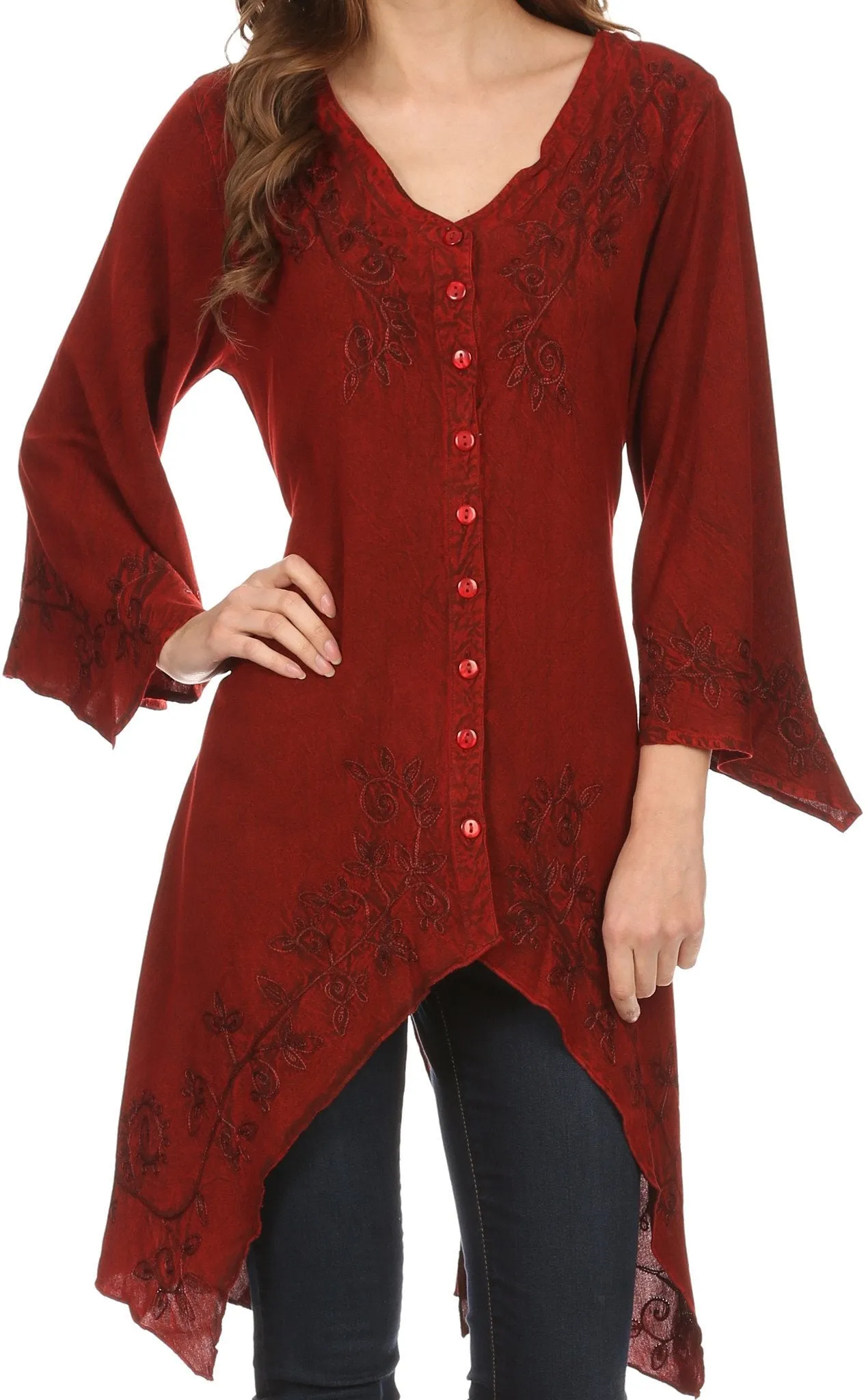 Sakkas Gella Button Down Blouse Top With Bell Sleeves And Handkerchief Sides