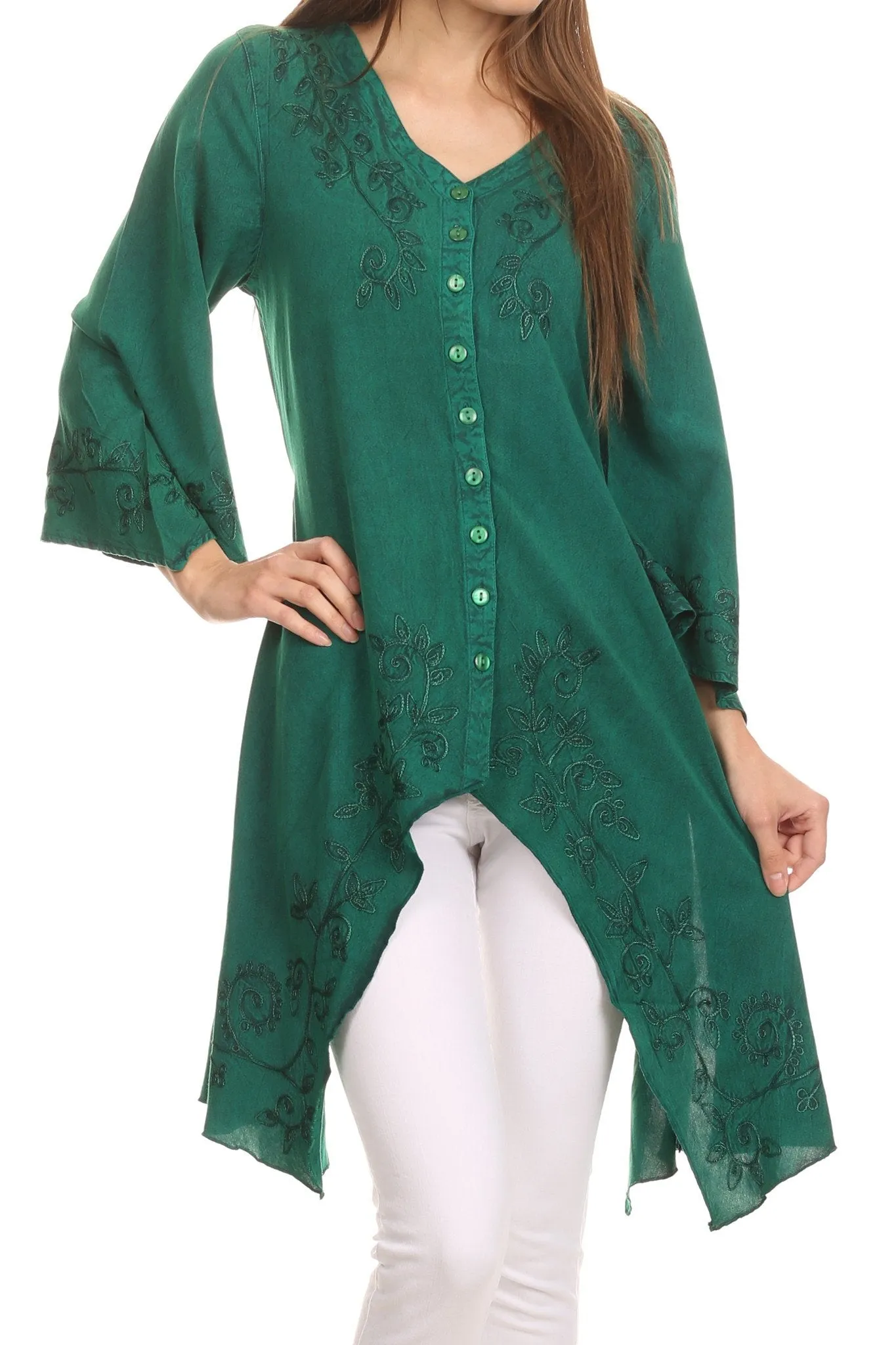 Sakkas Gella Button Down Blouse Top With Bell Sleeves And Handkerchief Sides