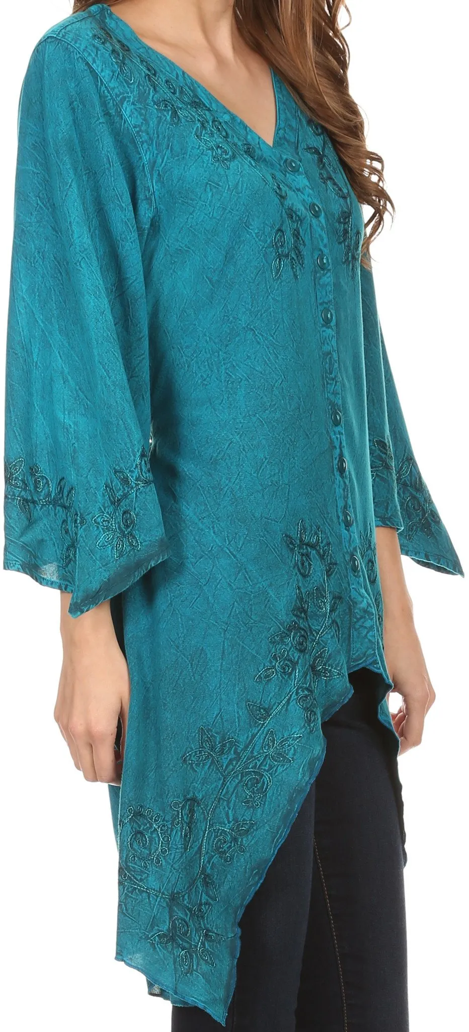 Sakkas Gella Button Down Blouse Top With Bell Sleeves And Handkerchief Sides