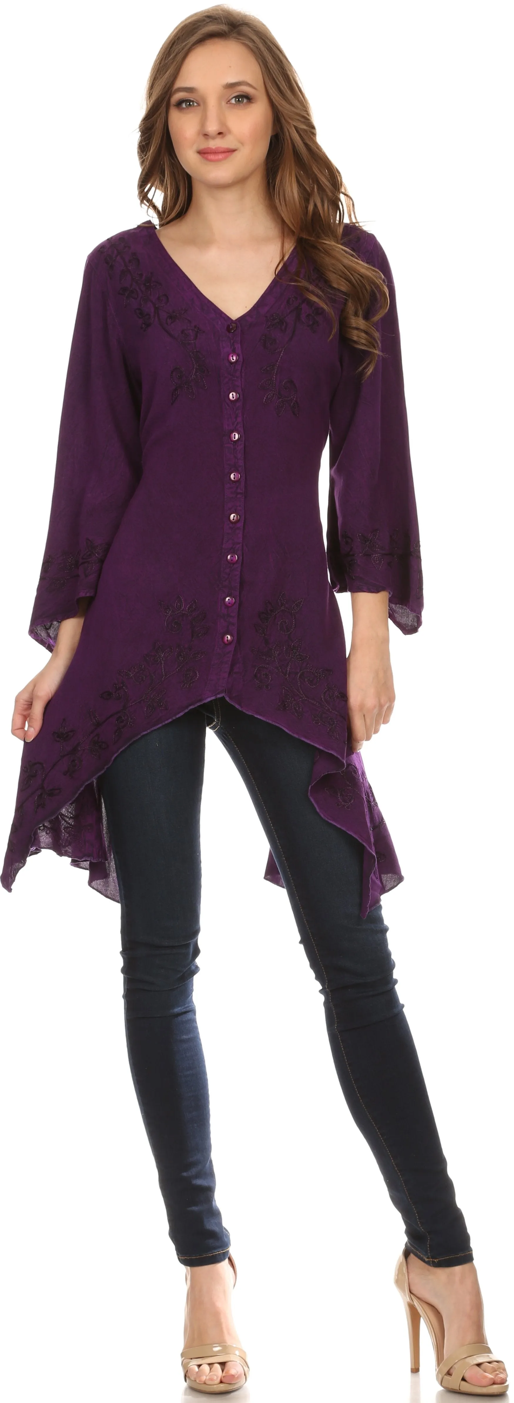 Sakkas Gella Button Down Blouse Top With Bell Sleeves And Handkerchief Sides