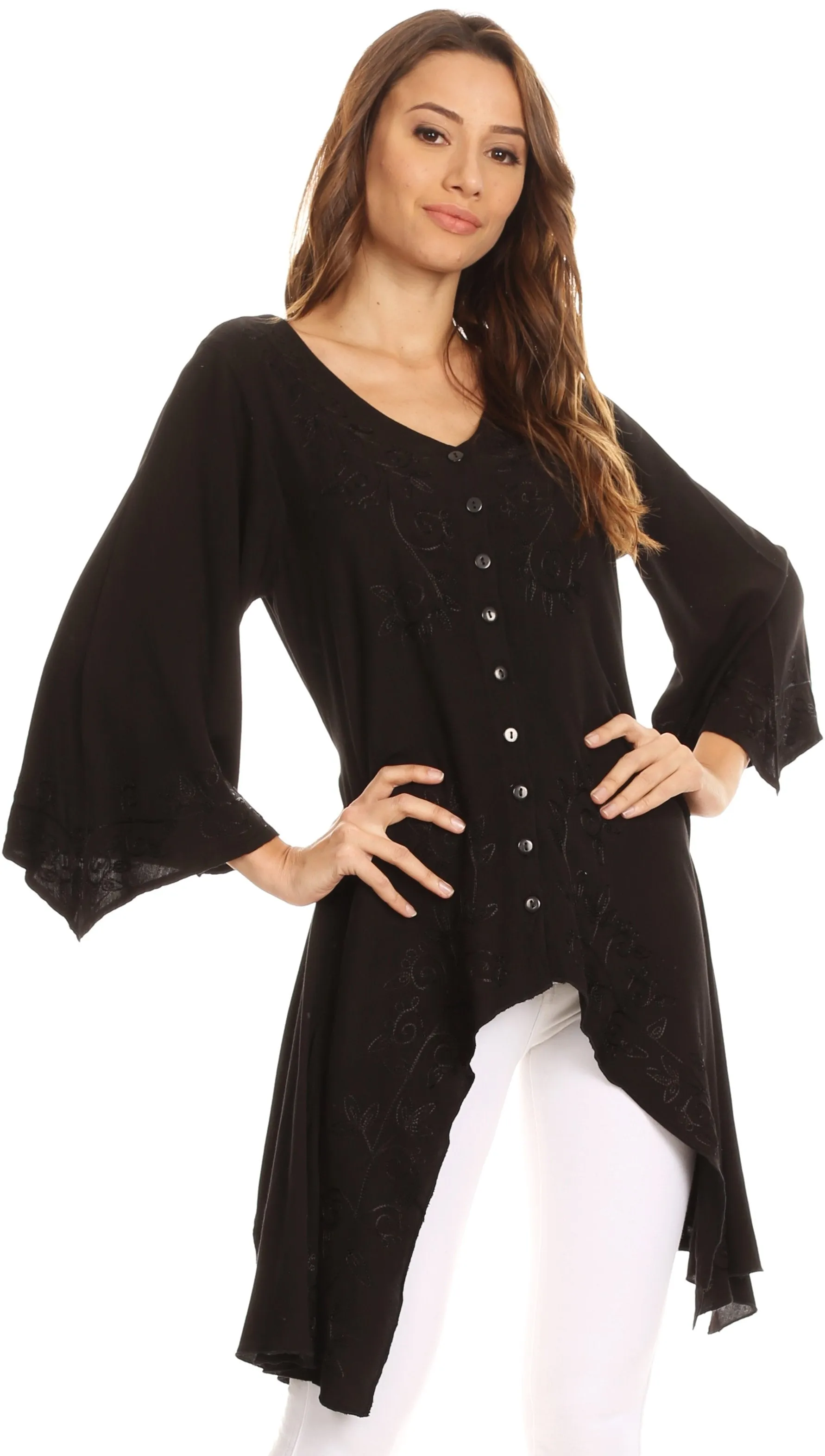 Sakkas Gella Button Down Blouse Top With Bell Sleeves And Handkerchief Sides