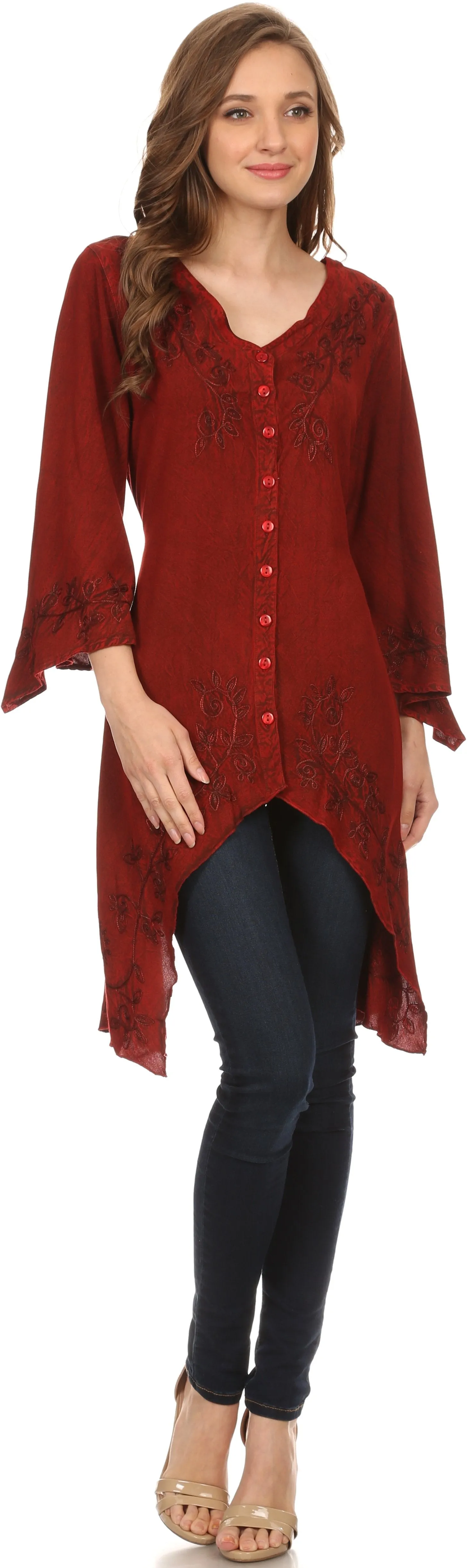 Sakkas Gella Button Down Blouse Top With Bell Sleeves And Handkerchief Sides