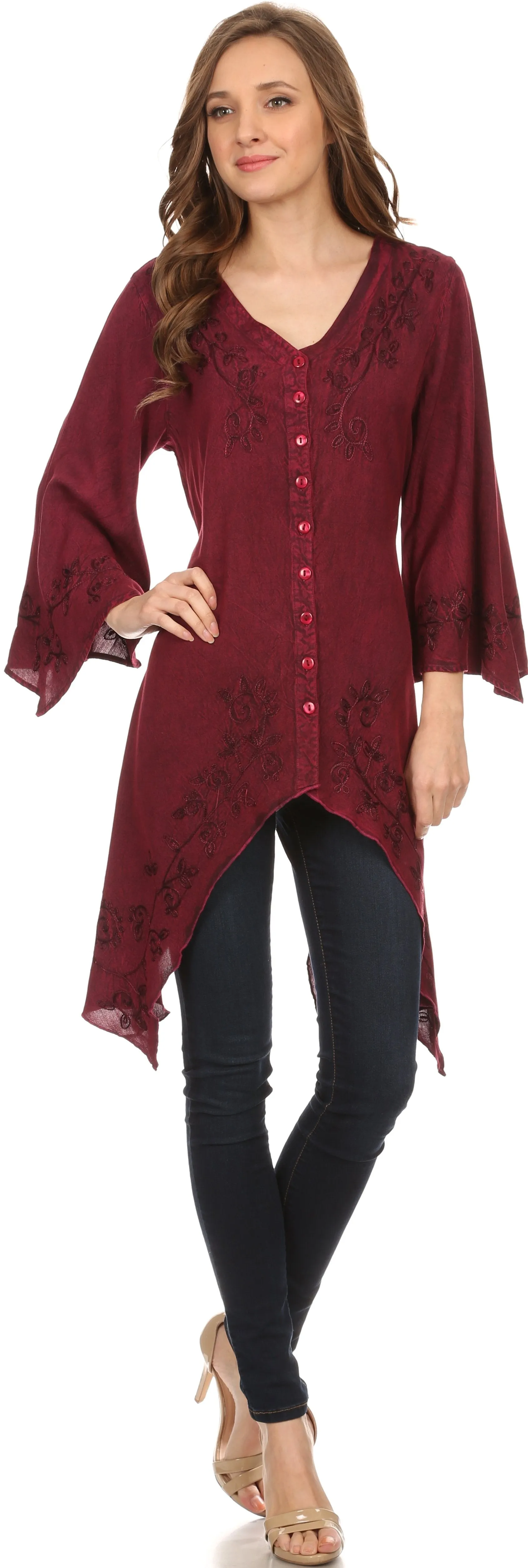 Sakkas Gella Button Down Blouse Top With Bell Sleeves And Handkerchief Sides