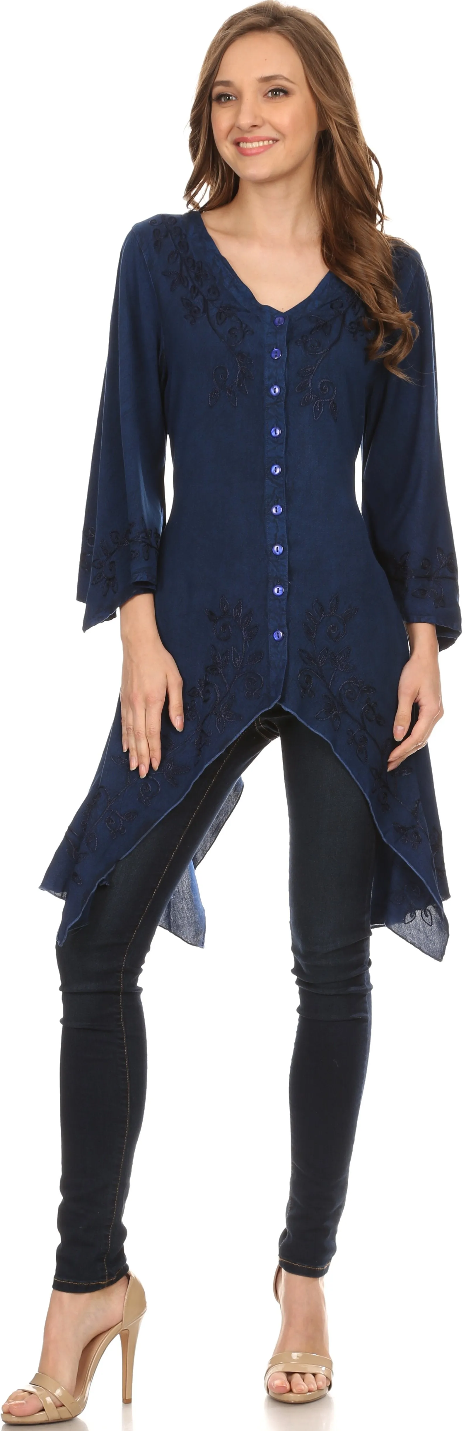 Sakkas Gella Button Down Blouse Top With Bell Sleeves And Handkerchief Sides