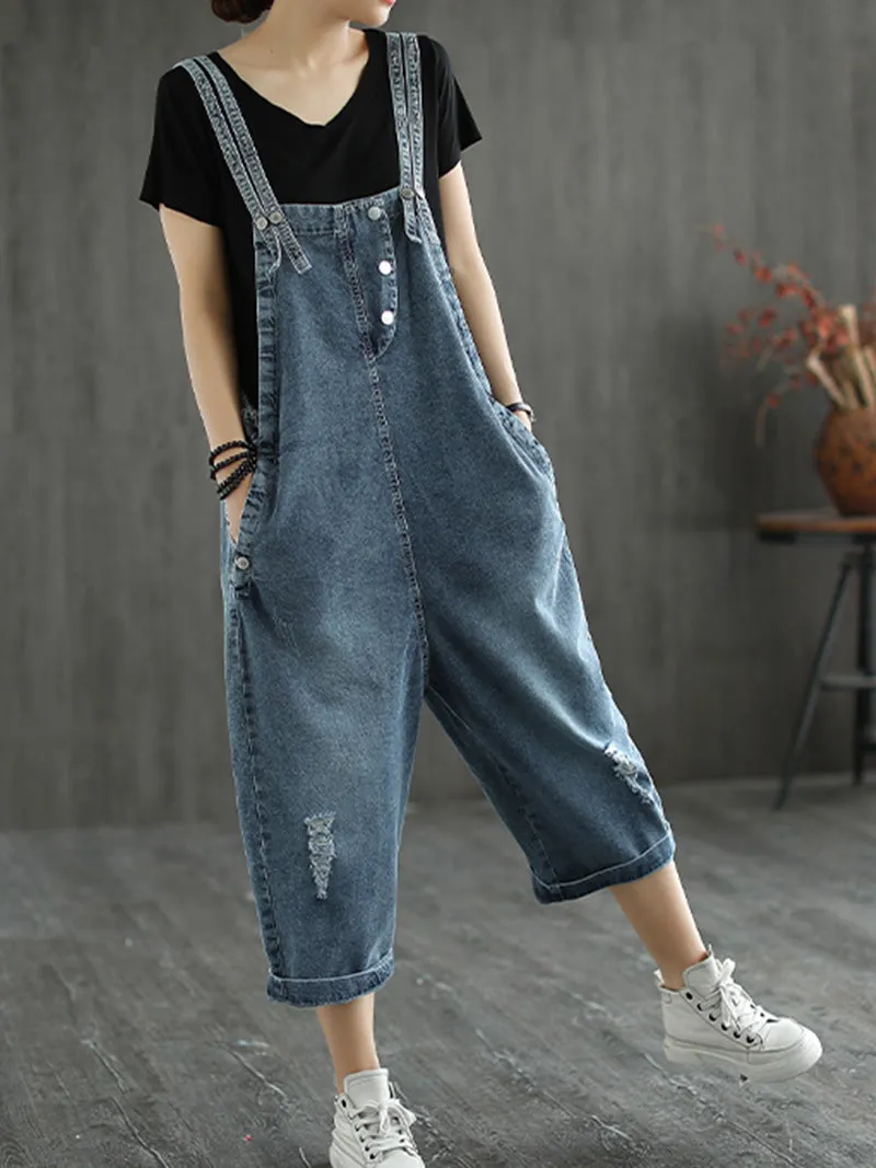 State of The Heart Denim Ripped Cropped Overall Dungarees