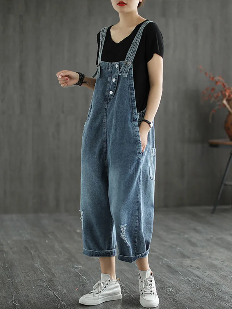 State of The Heart Denim Ripped Cropped Overall Dungarees