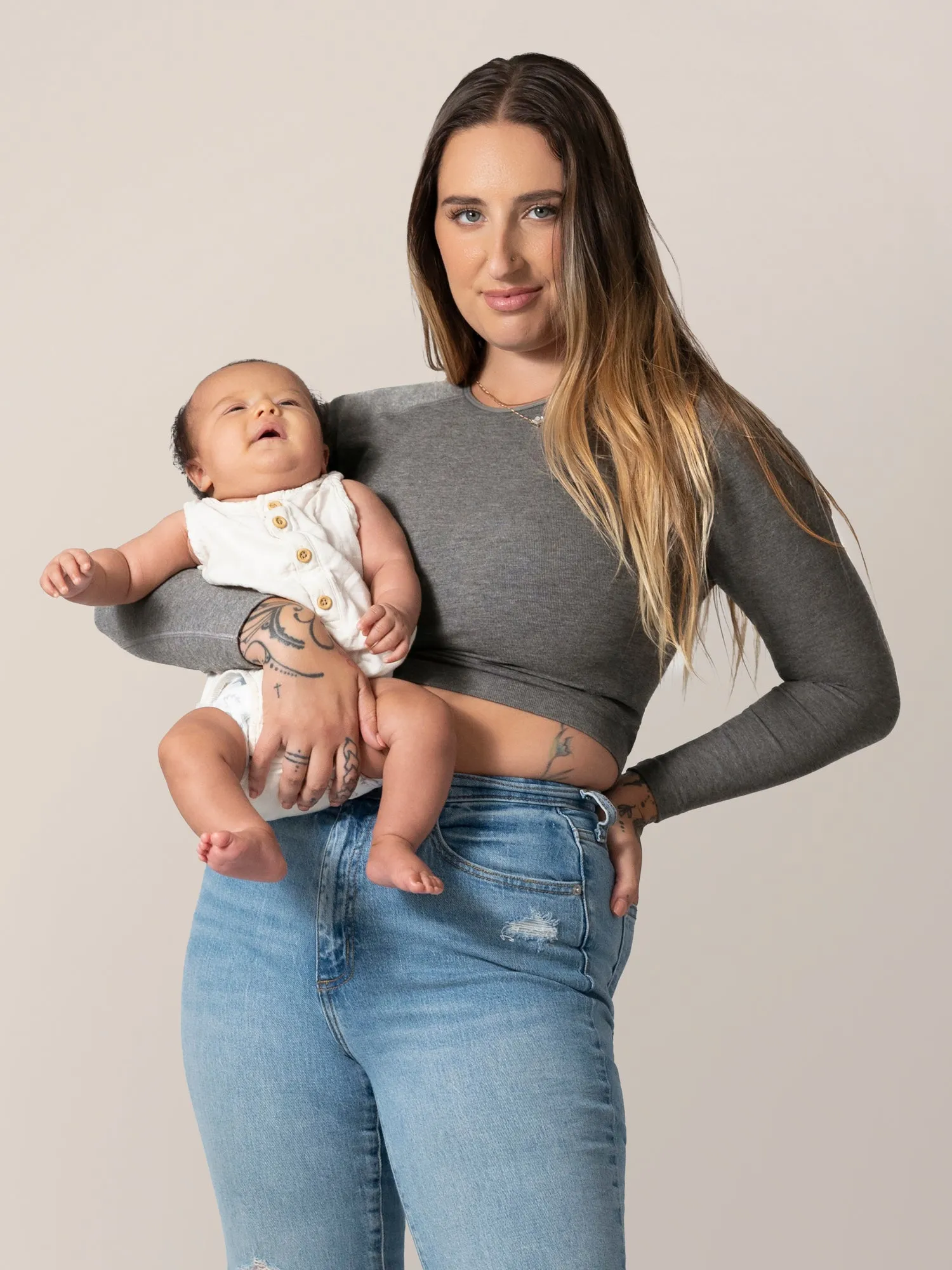 Sublime® Bamboo Maternity & Nursing Cropped Long Sleeve Top | Charcoal