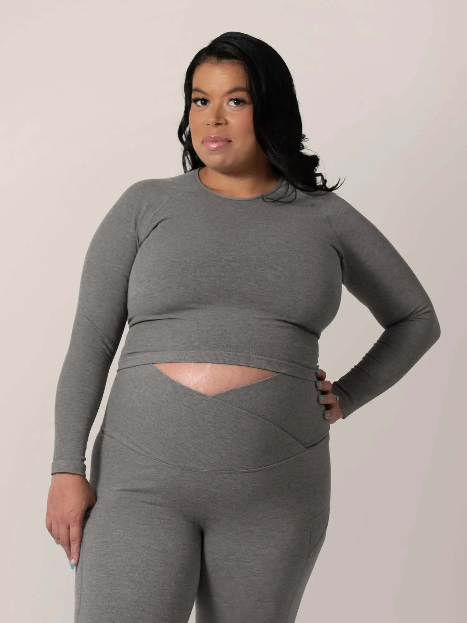 Sublime® Bamboo Maternity & Nursing Cropped Long Sleeve Top | Charcoal