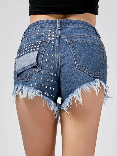 Trendy Rivet Frayed Denim Shorts