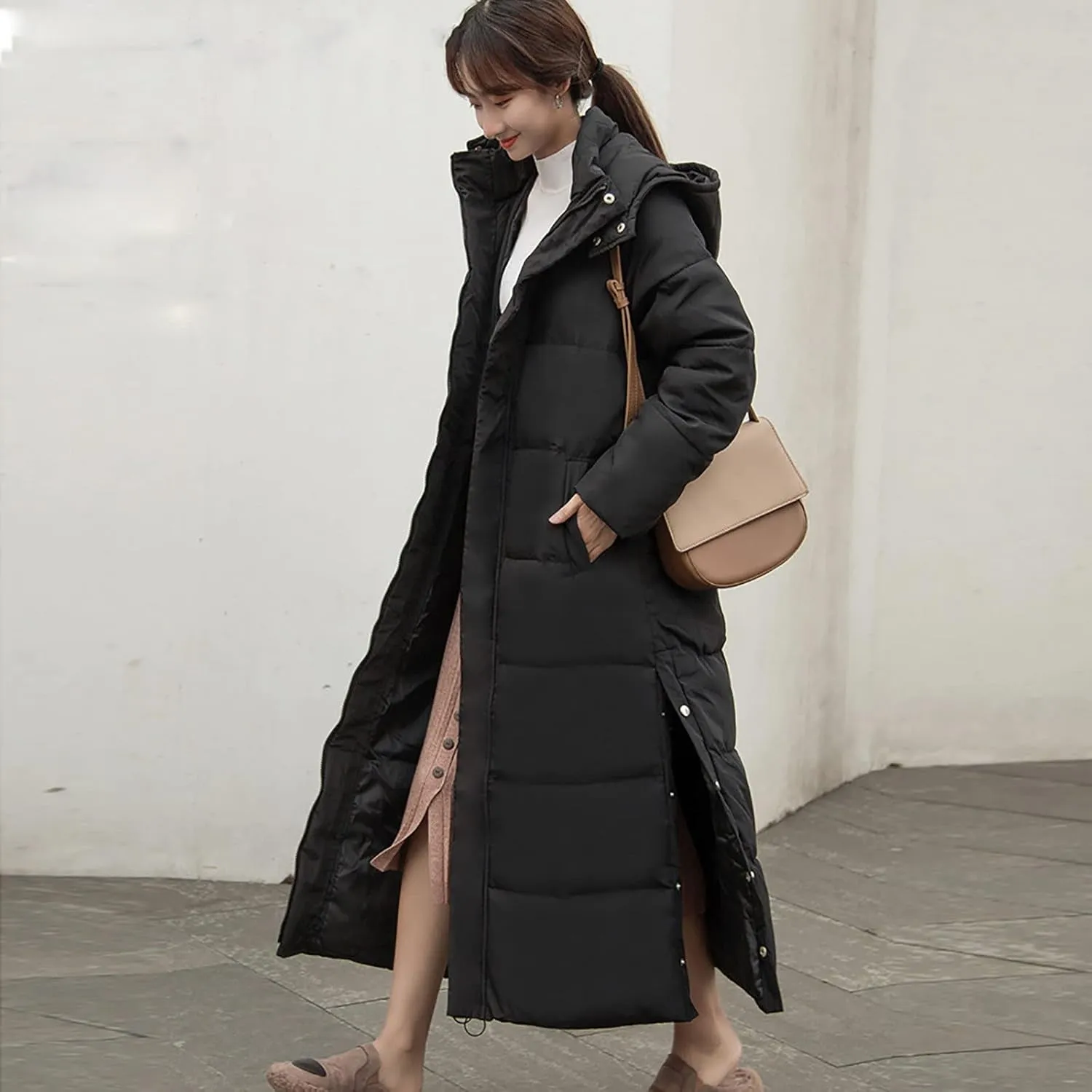 Women'S Long down Coat with Hood Lengthened Thickened Maxi down Winter Warm Parka Puffer Jacket for Men Women Black