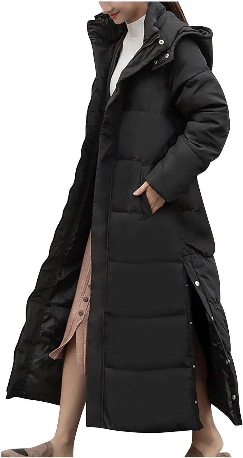 Women'S Long down Coat with Hood Lengthened Thickened Maxi down Winter Warm Parka Puffer Jacket for Men Women Black